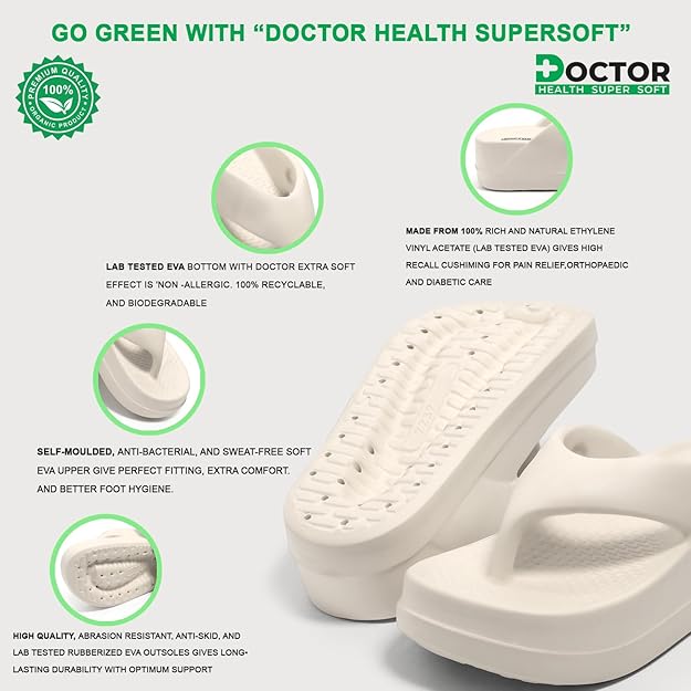 DOCTOR HEALTH SUPER SOFT Women’s Thick Sole EVA Flip Flops – Lightweight Anti-Slip Cloud Comfort Slippers for Indoor & Outdoor Everyday Wear
